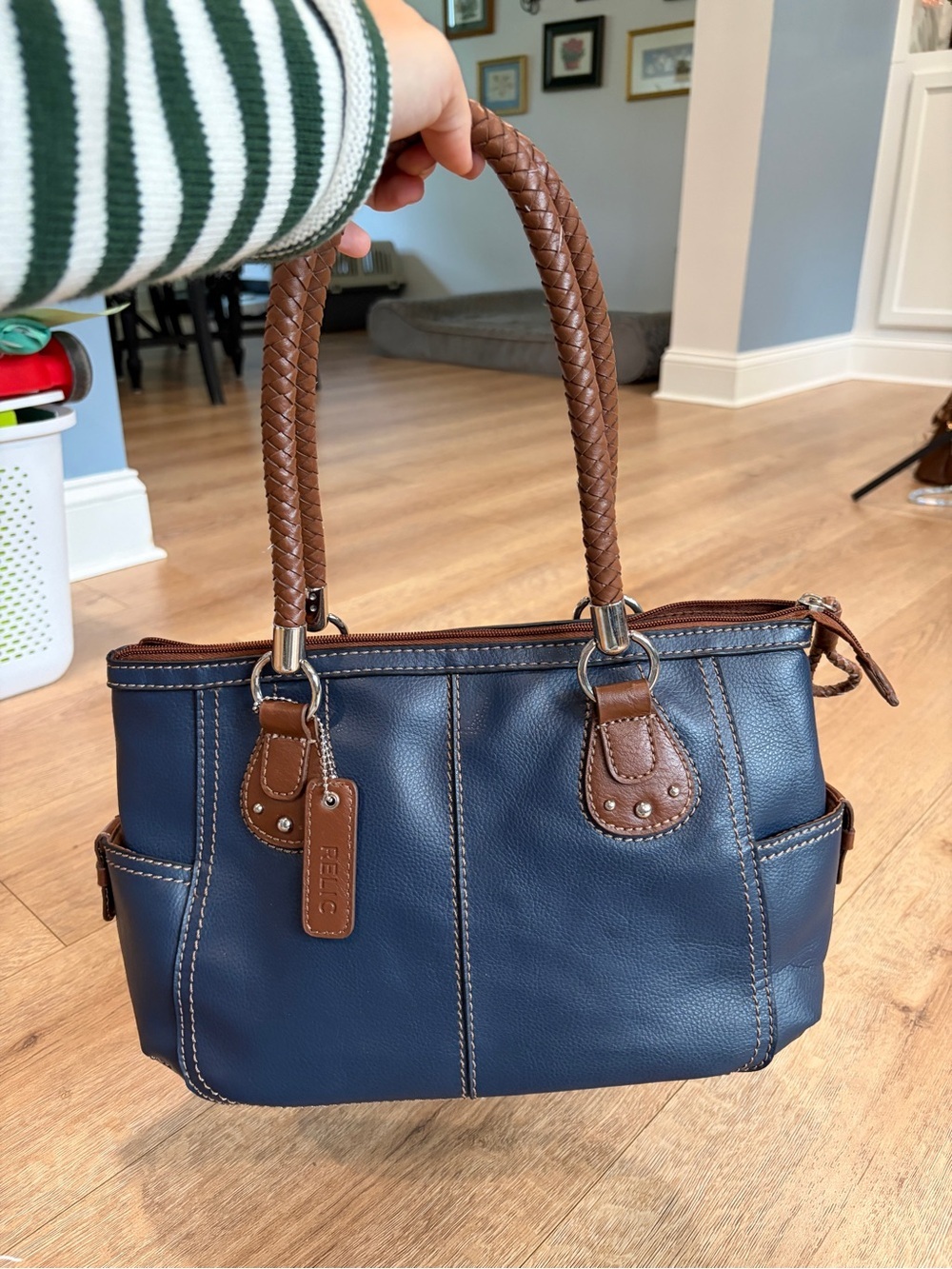 Relic by Fossil Blue Faux Leather Tote Shoulder Bag Braided Handles - Picture 3 of 12